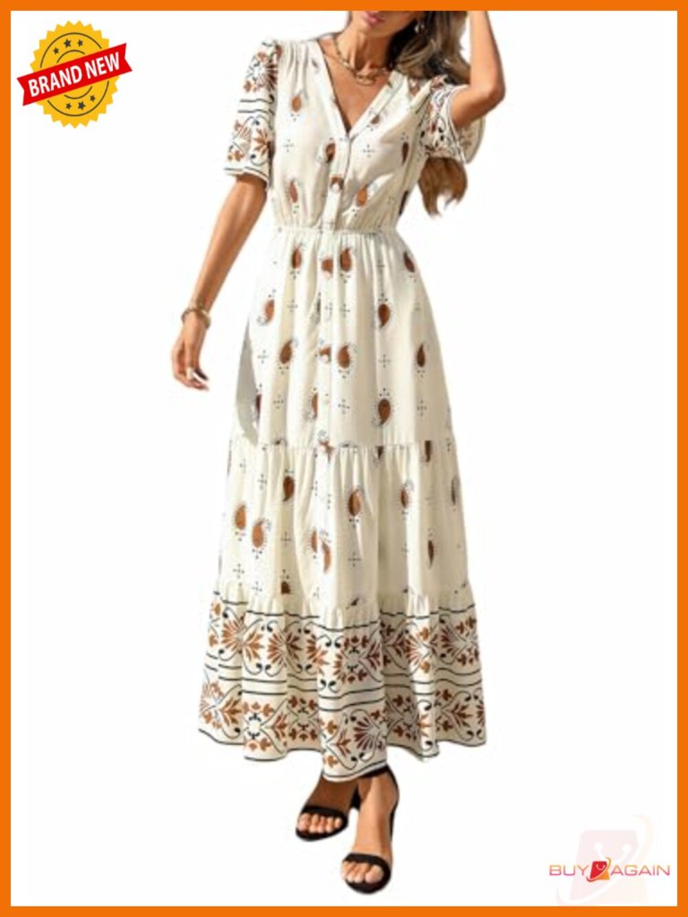 Boho Floral Maxi Dress Short Sleeve V-Neck Tiered High Waist Fit Flare